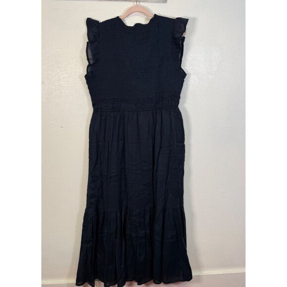 Quince Dress Organic Textured Cotton Smocked V-Neck Midi Blue Womens L - Picture 4 of 12